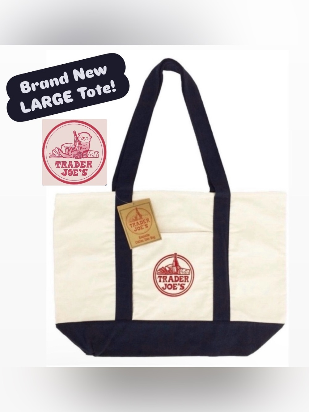 🌺NWT! Large Navy & Cream Trader Joe's Canvas Tote Bag